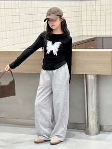 DAZY 2 件套青少年女孩圆领针织蝴蝶结印花 T 恤 + 裤子套装，秋季 - 黑色 - 查看 3