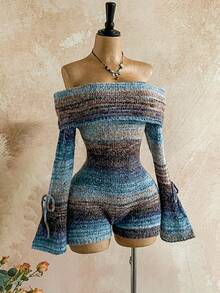 Soleia Casual Off Shoulder Flare Sleeve Tie Up Romper, Vintage Ombre Color, Autumn/Winter Off The Shoulder Playsuit Fall Women Clothes Winter Clothes  Korean Style  Sweaters For Women Fall Outfits For Women Off The Shoulder Bohemian Clothes For Women Sweater Jumpsuits - Multicolor - View 7