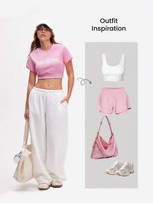 Eassivo Eassivo Camiseta corta de cuello redondo casual y deportiva con estampado para mujer - Rosa - Ver 4