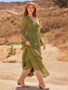 V 领花卉印花雪纺长袖层叠荷叶边开衩超长连衣裙休闲可爱秋季波西米亚风装西部乡村风 - 綠色 - 查看 5