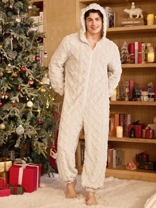 CoupledUp Bộ đồ liền thân vải nỉ Jacquard nhung trơn có mũ trùm đầu dành cho nam, đồ mặc nhà, thu đông, mềm mại, ấm áp - Màu be - Xem 6