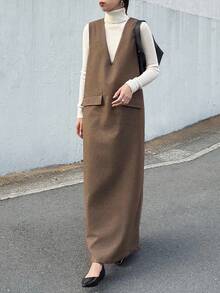 FRIFUL 女士纯棕色V领无袖直筒长裙，秋季连衣裙，户外连衣裙，秋季女装 - 咖啡棕 - 查看 5