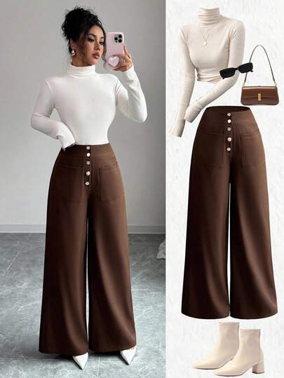 Elenzga New Women's Loose Fit Solid Color Woven Twill Fabric Wide Leg Pants With Front Metal Button Pockets, Versatile For Commuting And Daily Wear, Youthful High-End Elegant Ladies Trousers