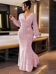 Cravure 闪亮水钻装饰腰部美人鱼连衣裙，优雅时尚，适合派对长款女装 - 粉色 - 查看 6