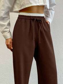 SHEIN Tall Colorblock Wide Leg Pants With Drawstring Wide Leg Sweatpants Brown Pants Flare Sweat Pants Straight Leg Pants Petite Wide Leg Pants - Rust Brown - View 5