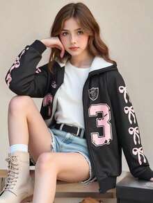 SHEIN 冬季服装、儿童冬季服装、秋季服装、万圣节、万圣节服装、圣诞节服装、女童休闲运动夹克、百搭学院风蝴蝶结和数字图案插肩袖连帽拉链运动衫女童连帽衫夹克女童图案夹克女童卡通夹克少女服装拉链连帽衫少女拉链赛车风格运动衫秋季 - 黑色 - 查看 4