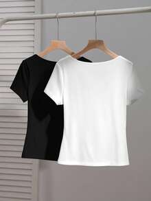 SHEIN EZwear 2 件女式方领短袖休闲修身性感 T 恤，适合秋冬造型，街头时尚，别致 - 彩色 - 查看 2