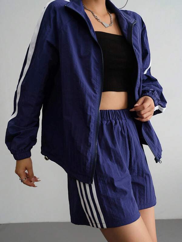 Aidyla Striped Contrast Color Patchwork Stand Collar Long Sleeve Loose Casual Fashion Tracksuit Cover Up Jacket Summer Jacket Windbreaker Jacket Two Piece Set Women Track Shorts