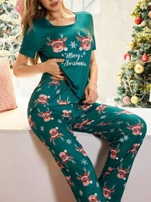 SHEIN 2pcs Christmas Element Print Short Sleeve & Pants Women Pajama Set Pj Sets For Women Short Sleeve Christmas Pajamas Women Pajama Sets For Women Short Sleeve Christmas Pj Family Christmas Matching Pajamas Set