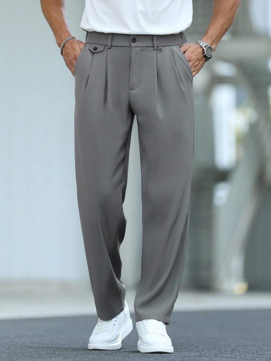Manfinity Mode Men's Solid Color Pleated Pocket Straight Loose Casual Pants