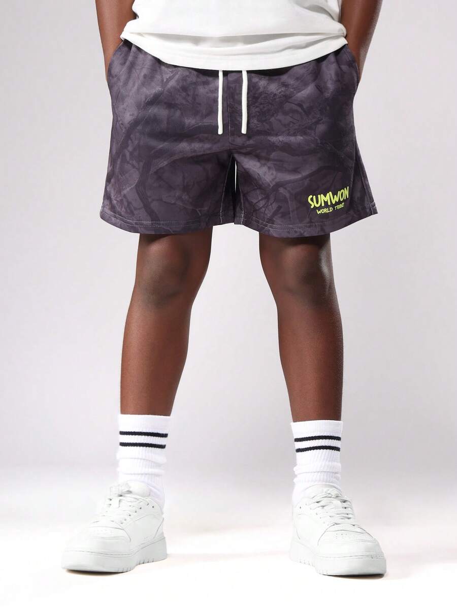 SUMWON World Tribe 青少年男童迷彩印花套头夏季休闲抽绳松紧腰宽松泳裤沙滩装 - 黑色 - 查看 1