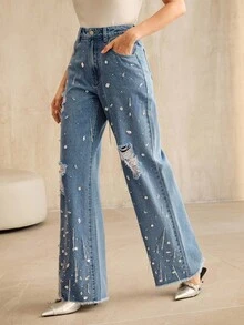 Anewsta 时尚钻石缀饰女式蓝色直筒牛仔裤 - 藍色 - 查看 4