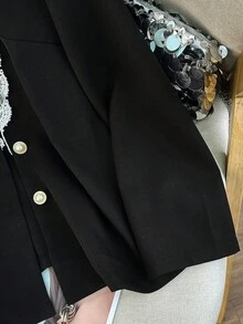 Modelyn Plus Size Women's Elegant Romantic Contrast Color Floral Trim Button-Up Long Sleeve Jacket - Black - View 5