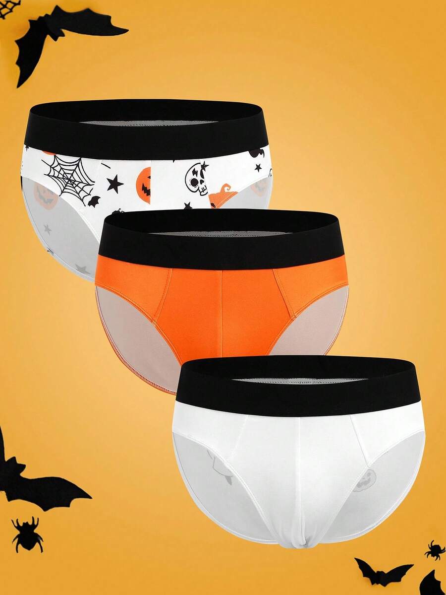 3 sztuki męskich bokserek z nadrukiem dyni na Halloween, różne kolory - Wielokolorowe - Zobacz 1