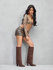 CUCCOO SZL 女士尖头粗高跟靴，棕色 PU 绒面革材质，分层设计，时尚简约，适合日常、派对、活动，侧拉链 - 棕色 - 查看 10