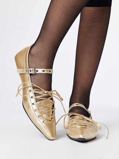 Women's Closed Toe Mary Jane Shoes, Punk Goth Style, Pointed Toe, Sexy Criss-Cross Strap, Formal Work Flat Shoes