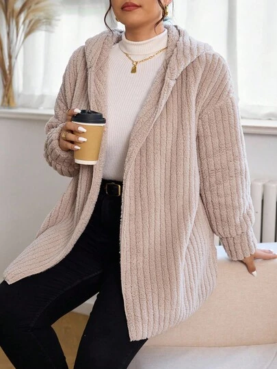 SHEIN Essnce 大码女装秋冬时尚休闲宽松舒适日常保暖毛绒杏色连帽夹克，女士冬装，冬季外套