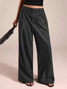 SHEIN Forever 21 女士裤子商务休闲女士西装女士阔腿裤办公室女士服装宽松裤职业女性服装办公室服装灰色 - 深灰色 - 查看 8