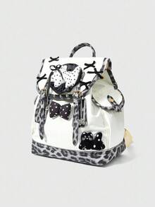 ROMWE Kawaii Leopard Print Patchwork Cat & Dog Bow Decor Backpack - White - View 2