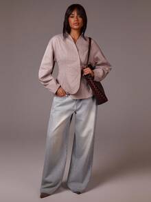 Athîral Women's Pink Jacquard Tweed Open-Front Jacket | Soft Textured Jacquard Woven With Sculpted Waist, Stand Collar & Relaxed Long Sleeves For Effortless Minimalist Layering (Office/Street/Lounge/Fall Spring Outerwear) - Coffee Brown - View 3