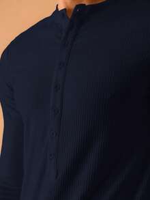 Musero Men Button Placket Long Sleeve Rib Top Summer Streetstyle Vacation Casual - Navy Blue - View 5