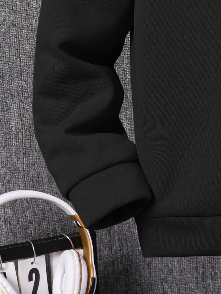 SHEIN 2件套超值买一送一，男童加厚抓绒宽松连帽衫和运动裤套装，适合万圣节、圣诞节、休闲、上学、通勤、运动、秋冬季节，冬季套装，冬季服装，秋季穿搭，秋季服装，儿童服装，黑色上衣，黑色裤子，秋季上衣 - 黑色 - 查看 8