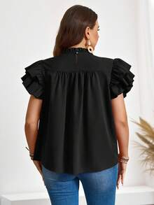 SHEIN LUNE Áo kiểu tay ngắn hai lớp cỡ lớn, đính sequin, thích hợp cho tiệc tùng hoặc dịp lễ. - màu đen - Xem 2