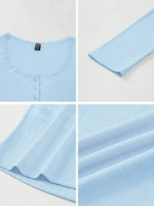 SHEIN Camiseta de manga larga con adorno de encaje dulce para mujer ChicEase, camiseta casual blanca de ajuste ceñido con 3 botones para el verano - Azul - Ver 7