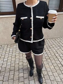 Dripcurv 大码女式秋冬黑色长袖外套和短裤两件套，撞色滚边，优雅都市通勤风格，适合新年穿着。