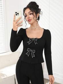 Modelyn Elegant Bowknot Collar Puff Sleeve Blouse For Women