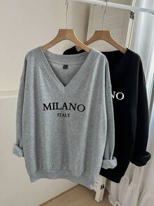 Comfortcana Casual Soft Form Traditional Minimalist Plus Size V-Neck Loose Sweatshirt Suitable For Autumn/Winter Back-To-School Vacation Date Dates Night Black - Grey - View 8