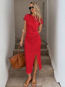 Easowa 1. 优雅腰部扭纹高开衩无袖中长连衣裙，休闲杏色纹理紧身连衣裙，女士生日装，女士健身套装，女士婚礼宾客礼服，女士办公室服装，白色毕业礼服 - 紅色 - 查看 5