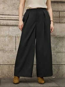 SHEIN LUNE Plus Size Women's Straight Leg Pants, Slimming, High Waist, Casual, Versatile - Black - View 8
