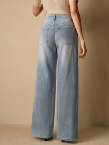 Anewsta Pantaloni a zampa larga con patchwork in pizzo lavato blu, adatti per autunno, inverno, uscite, eleganti, formali, feste, chic, Capodanno, abiti invernali da donna, Natale, lavoro, laurea, matrimonio, abbigliamento invernale da donna - Blu - Visualizzare 2