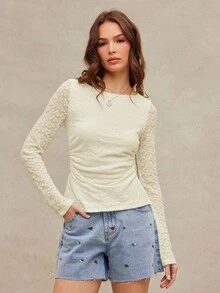 WESTFADE Western Cowgirl Lace Boatneck Ruched Split Side Semi Sheer Fitted Long Sleeve T-Shirt Spring Break - Apricot - View 3