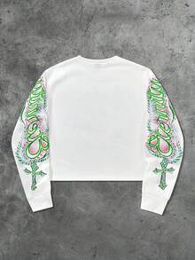 ROMWE MEN Street Life 男士圆领长袖创意图案印花时尚街头套头衫，秋季 - 白色 - 查看 2