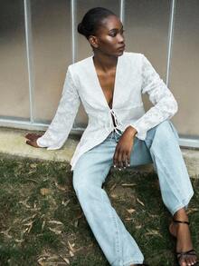 Lumivelle Women's Autumn V-Neck Jacquard Fabric Bow Tie Blouse