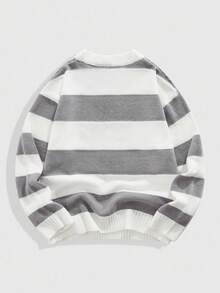 ROMWE MEN Goth Áo len cổ tròn tay dài họa tiết dơi sọc thường ngày cho nam, mùa thu/đông - Xám - Xem 2