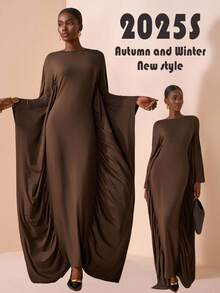 Zivah 2025 Autumn/Winter New Styles For Birthdays, Parties, Banquets, Dates, Back-To-School Season, Preppy Style, Student Wear, Everyday Outings, Basic Versatile, Casual, Cruise Travel, Influencer Style, Street Style, Elegant, Commuter, Business Casual, Parties, Banquets, One-Shoulder Long Sleeves, Batwing Sleeves, Cape Style, Waist Fit, Brown, Autumn/Winter Long Dresses, Women's Dresses - Brown - View 5