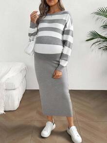 SHEIN Komplet swetrów ciążowych, sweter w paski w kontrastowym kolorze, jesień/zima, okrągły dekolt, komplet spódnic z dzianiny w jednolitym kolorze - Szary - Zobacz 1
