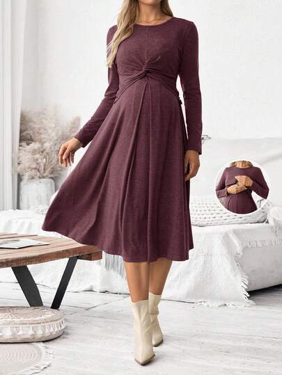 SHEIN Maternity Solid Color Round Neck Long Sleeve Twist Design Casual Nursing Dress