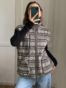 DAZY Floral Print Vintage Fleece Sleeveless High Collar Zip-Up Drawstring Pocket Casual Street Jacket For Women, Autumn/Winter Vest - Grey - View 5