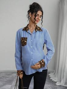 Momance Chemise de maternité à manches longues, col chemise, fermeture à boutons devant, patchwork léopard et rayé