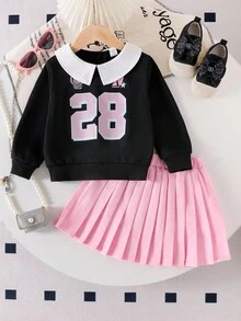 SHEIN 2pcs/Set Young Girls School Style Sweatshirt With Pleated Skirt, Black Collar Sweatshirt With Letter Print, Pink Pleated Skirt Fall Winter - Black - View 1