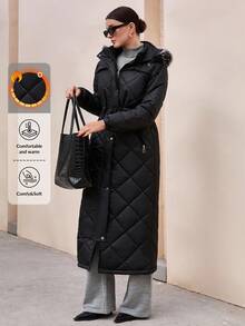 CLARA VERO Long ,Hooded Cinched Waist Padded Coat - Black - View 1