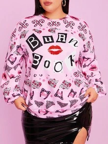 Mean Girls X SHEIN Damen Große Größen Sweatshirt mit Buchstaben- und Roter Lippen Muster, locker geschnitten mit Drop-Shoulder, lässig für Frühling & Herbst, süßer Baddie Y2K 80er Jahre Stil
