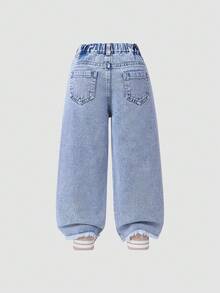 SHEIN ChillGRL 少女浅洗蓝草莓印花阔腿牛仔裤，舒适甜美休闲度假学院风推荐！舒适的浅洗蓝牛仔面料 - 淺色水洗藍 - 查看 2