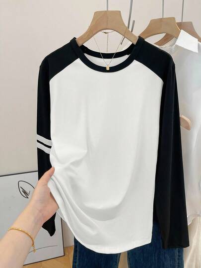 INAWLY Women's Round Neck Raglan Sleeve Casual Contrast Color Block T-Shirt