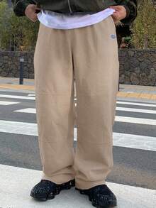 DAZY 男士卡其色字母刺绣保暖内衬运动裤，秋冬男士慢跑裤 - 卡其色 - 查看 3