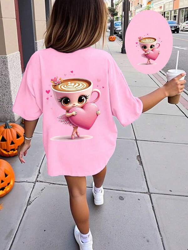SHEIN Playful Pals Young Girls' Casual Cute & Funny Cappuccino Ballerina Dancer Heart Graphic Print Round Neck Short Sleeve T-Shirt, Summer Outdoor/Back To School Wear, Pink Tee
